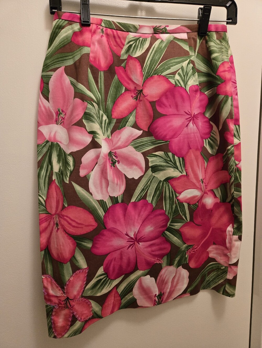 Vintage Y2K Bamboo Traders Hibiscus Floral Pencil Skirt Petite 6P Sequined